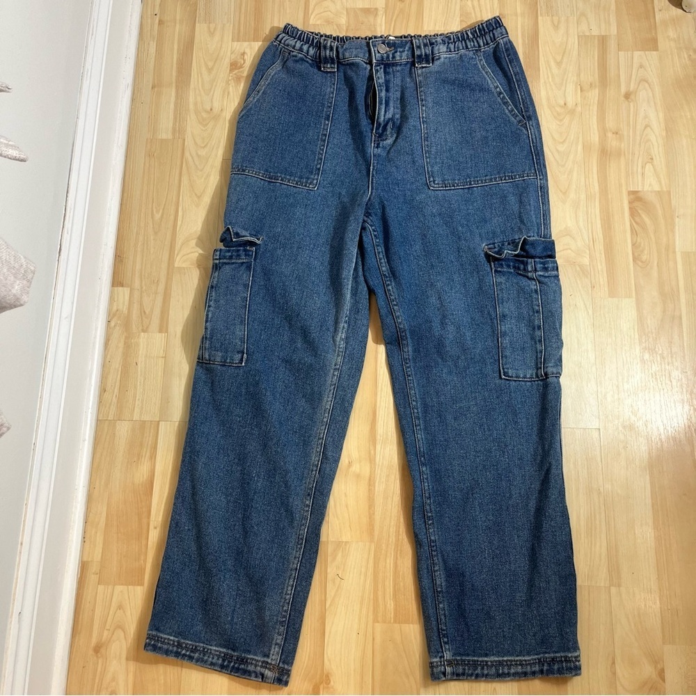 PacSun Elastic Waist Cargo Jeans Pants High Rise Womens Sz L Blue Denim Pockets